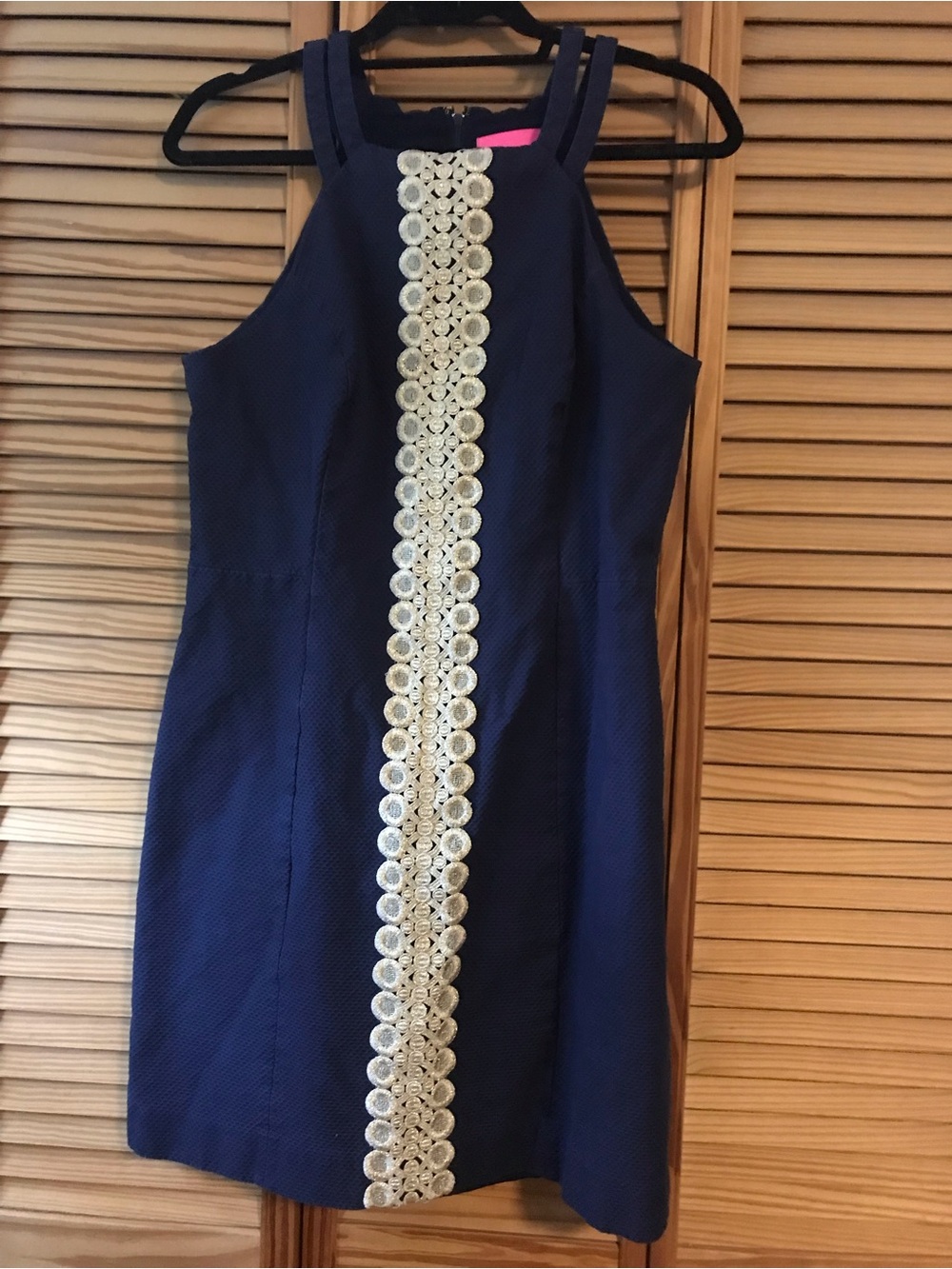 Lilly Pulitzer Navy Shift Dress with Gold Lace Trim